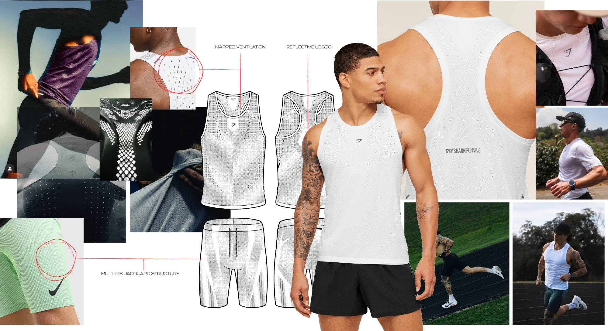 Seamless Run design board: reference imagery, tank and half tight CADs annotated for mapped ventilation, reflective logos and a multi-rib jacquard structure, and the finished tank on a model and runners